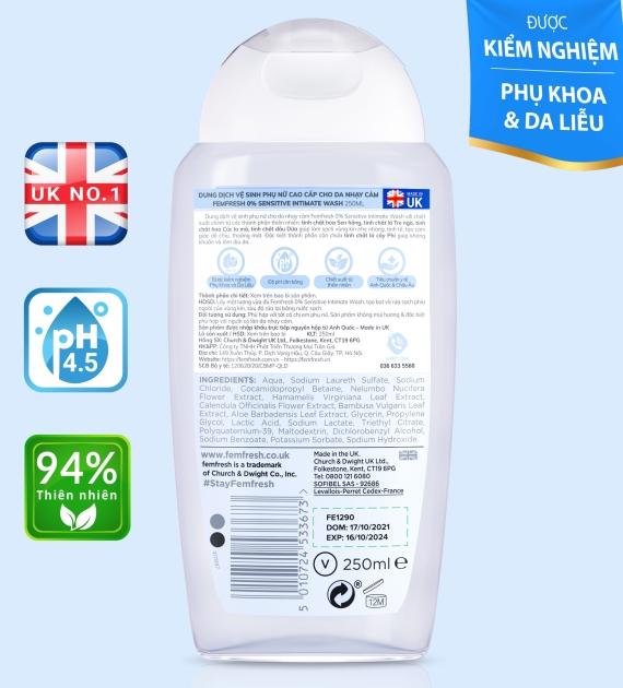 DUNG DỊCH VỆ SINH PHỤ NỮ CAO CẤP CHO LÀN DA NHẠY CẢM FEMFRESH 0% SENSITIVE WASH 250ML