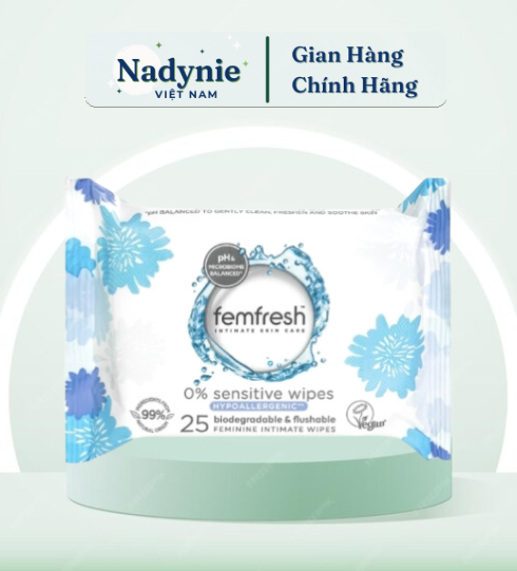 KHĂN ƯỚT VỆ SINH PHỤ NỮ (FEMFRESH INTIMATE SKIN CARE 0% SENSITIVE WIPES 25 WIPES) 