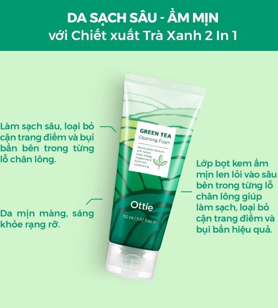 Sữa Rửa Mặt Trà Xanh Ottie Green Tea Cleansing Foam 150ml