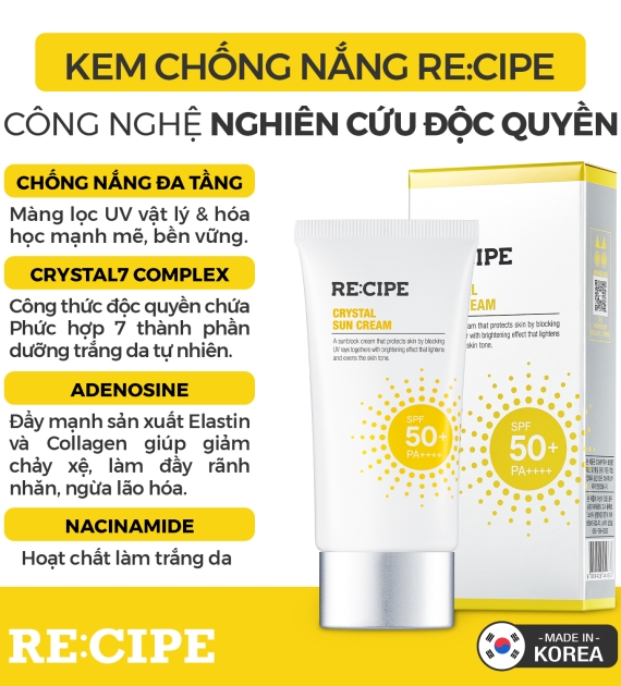 KEM CHỐNG NẮNG RE:CIPE  CRYSTAL SUN CREAM SPF50+ PA++++ 50 ML