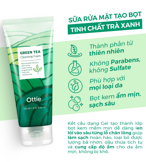 Sữa Rửa Mặt Trà Xanh Ottie Green Tea Cleansing Foam 150ml