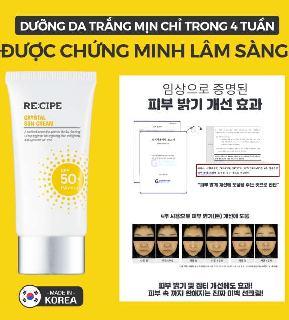 KEM CHỐNG NẮNG RE:CIPE  CRYSTAL SUN CREAM SPF50+ PA++++ 50 ML