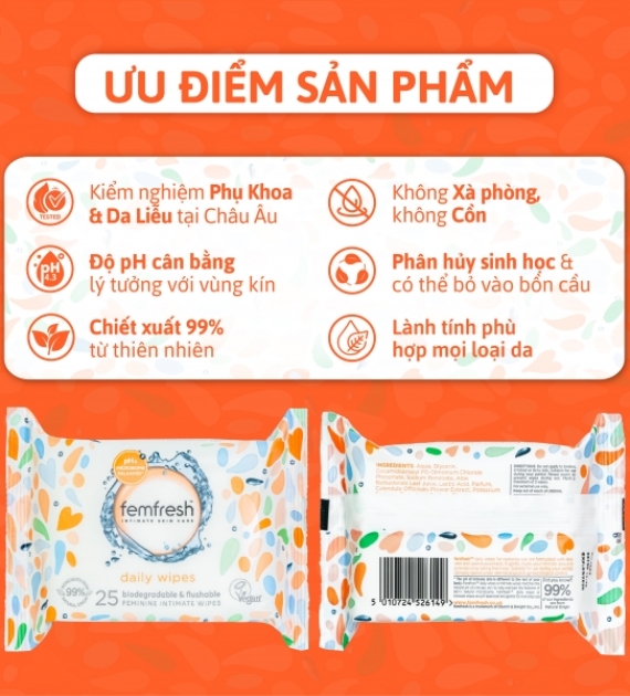 KHĂN ƯỚT VỆ SINH PHỤ NỮ (FEMFRESH INTIMATE SKIN CARE DAILY WIPE 25 WIPES)