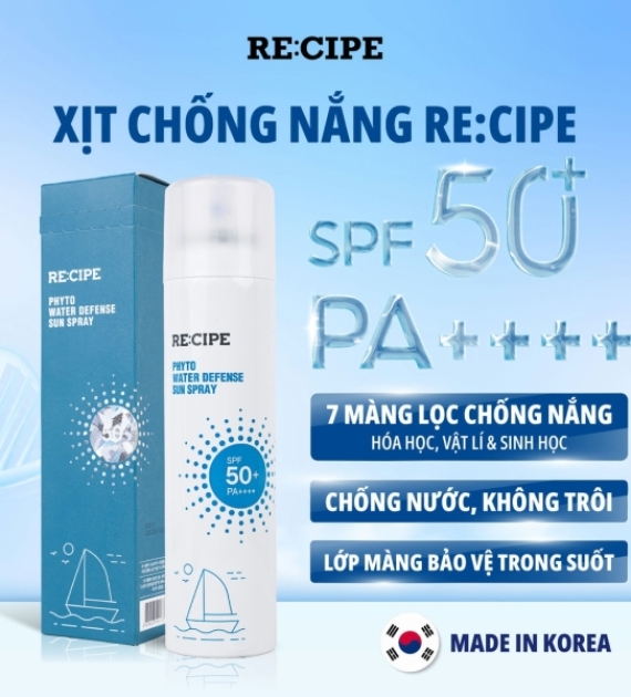 Xịt Chống Nắng RECIPE SPF50+ PA++++ Chống Nắng, Không Trôi Recipe Phyto Water Defense Sun Spray 50ml