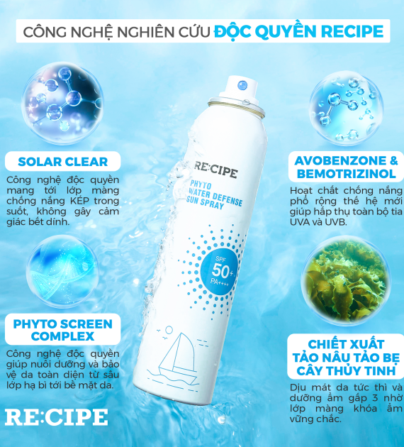 Xịt Chống Nắng RECIPE SPF50+ PA++++ Chống Nắng, Không Trôi Recipe Phyto Water Defense Sun Spray 180ml
