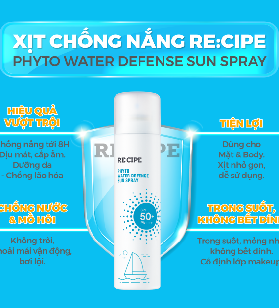 Xịt Chống Nắng RECIPE SPF50+ PA++++ Chống Nắng, Không Trôi Recipe Phyto Water Defense Sun Spray 180ml